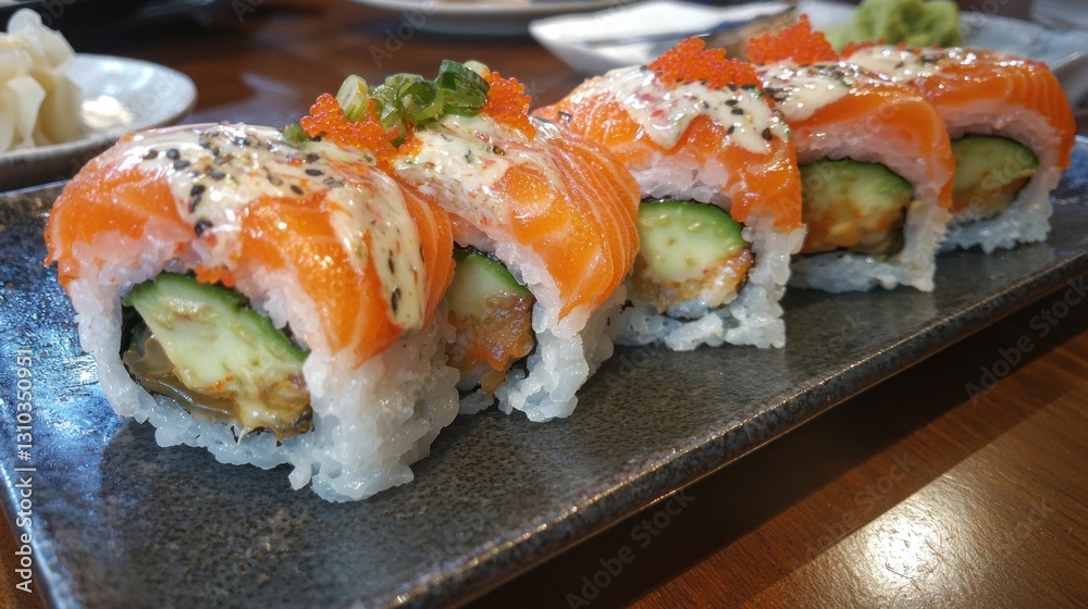 Delicious salmon sushi roll with creamy sauce, cucumber, and tobiko. Delicious salmon sushi roll with creamy sauce, cucumber, and tobiko.