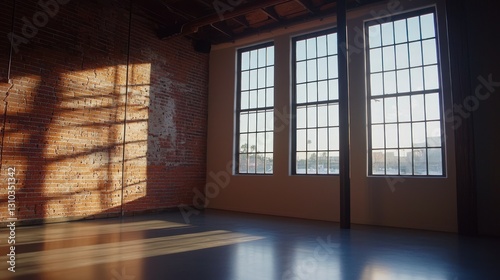 Sunlit industrial loft interior with brick wall and large windows.