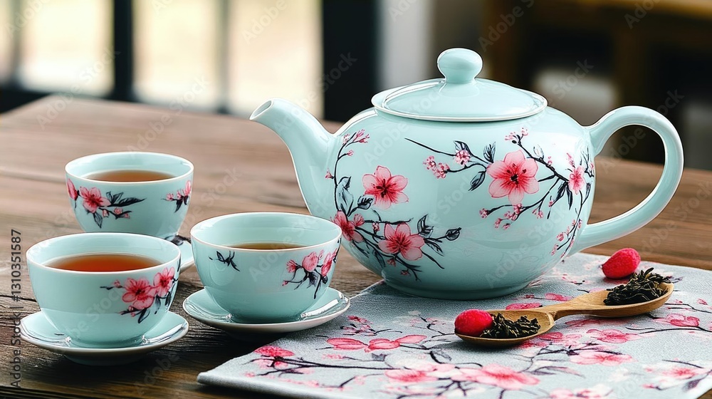 Serene tea setup featuring a floral teapot and cups on a wooden table with a cozy background Serene tea setup featuring a floral teapot and cups on a wooden table with a cozy background