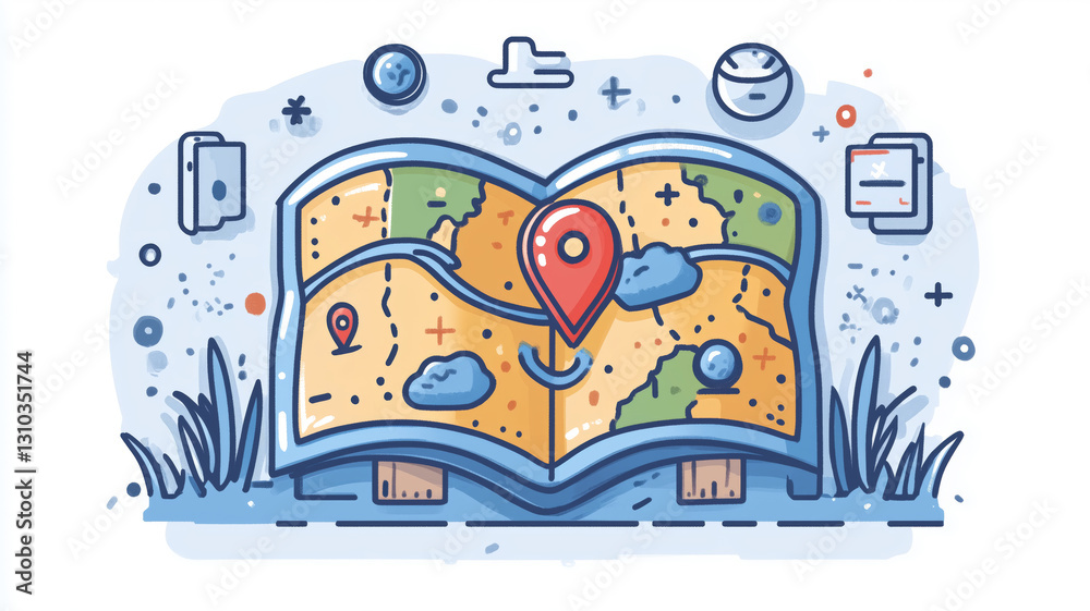 Fototapeta premium Stylized map with a marked path symbolizing adventure and exploration