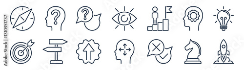 Decision making, uncertainty, strategy, vision, problem solving and career path outline icon set