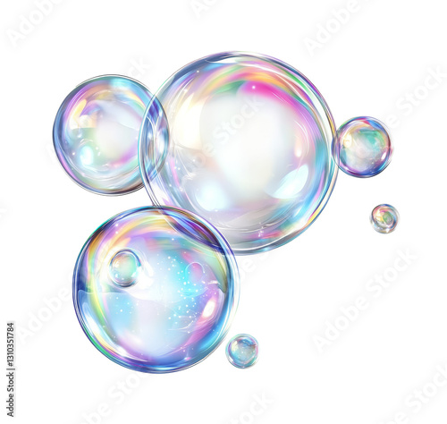 Soap bubbles floating  on transparent background. Water foam bubbles with rainbow colors. Glossy translucent rainbow-colored spheres flare in air. Soap wtite balloon.