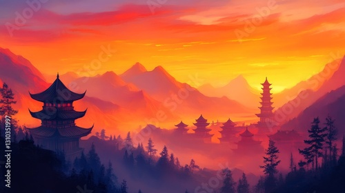 Serene sunset over majestic mountain with traditional pagodas silhouetted against vibrant sky