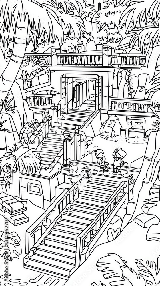 Naklejka premium Jungle stairs and temple ruins with figures, black and white coloring page for kids, background trees