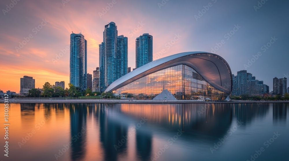 Fototapeta premium Modern architecture reflected in calm water at sunset.