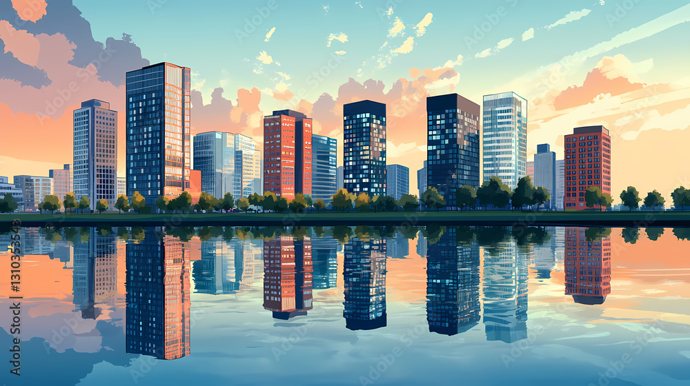 Fototapeta premium Cityscape of amsterdam zuidas, modern office buildings mirrored in the water. Mirrored - Lake. Illustration