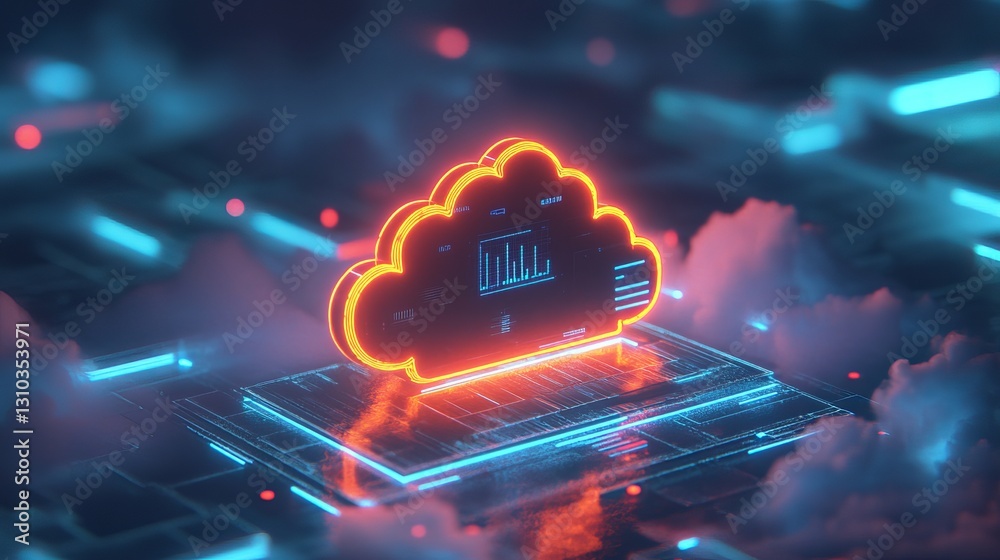 Fototapeta premium Neon Light Cloud Icon Representing Data Storage and Cloud Computing on Dark Futuristic Background