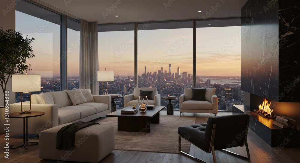 Obraz premium Luxury high-rise apartment sunset city view living room