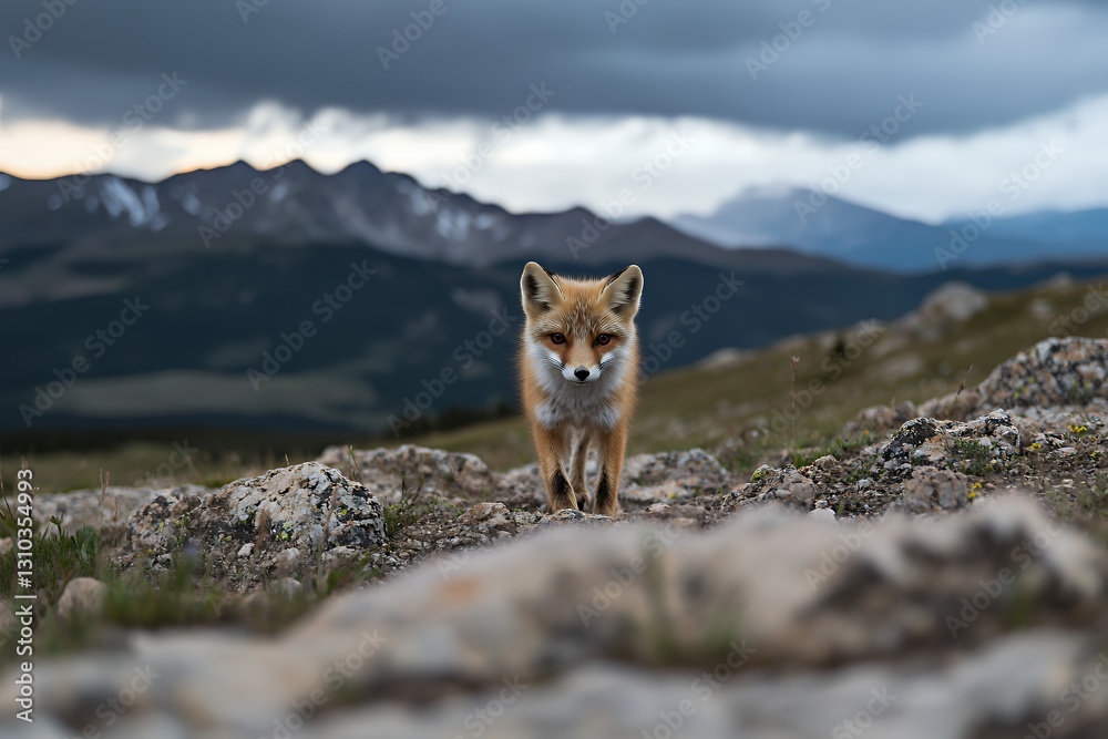 A Tibetan fox with a distinctive square muzzle moving through grassland A Tibetan fox with a distinctive square muzzle moving through grassland