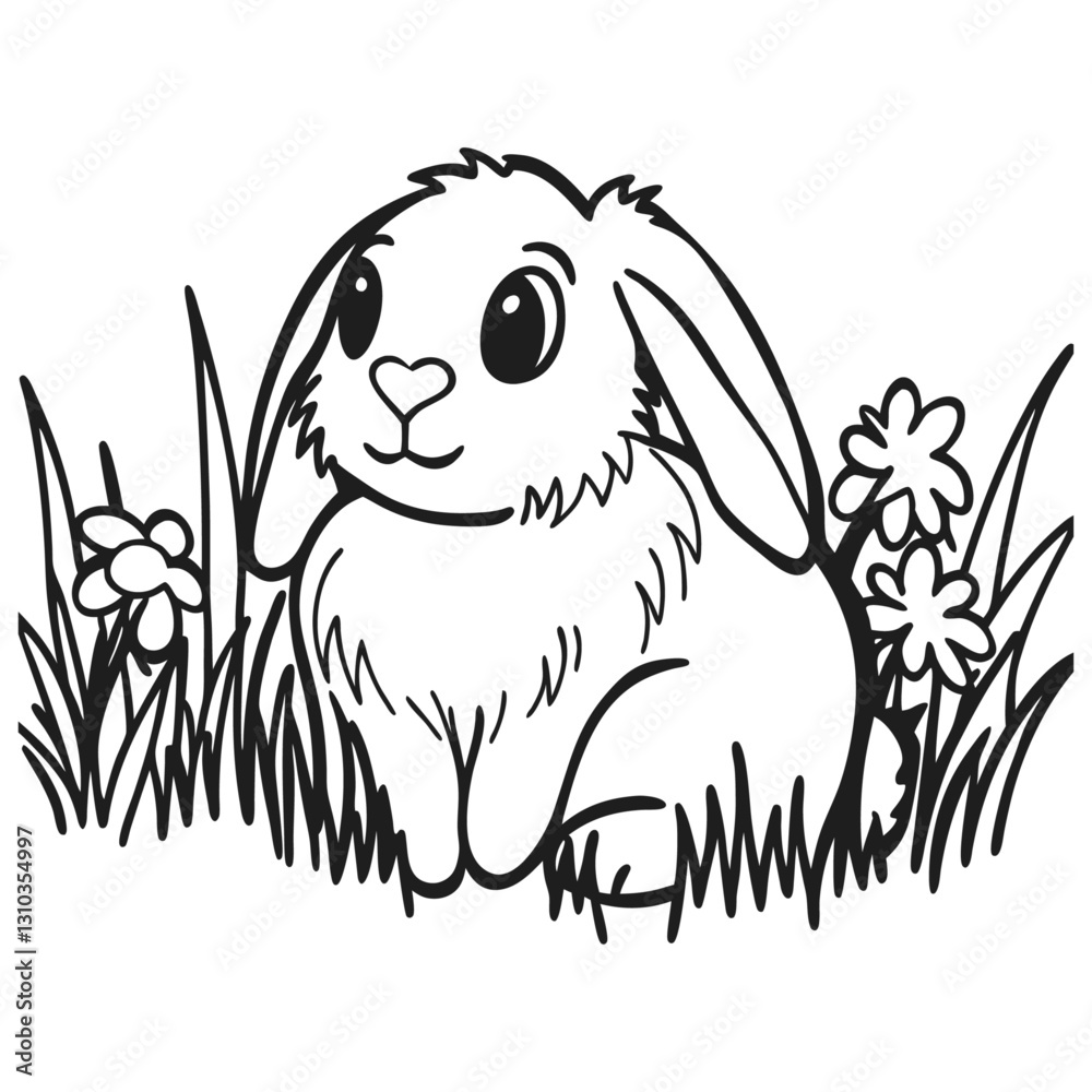Fototapeta premium Adorable fluffy bunny sitting in the grass with flowers in a black and white style.