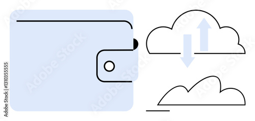 Wallet icon alongside cloud with arrows showing data exchange highlights digital transactions, storage, finance management. Ideal for fintech, security, cloud computing, savings, cashless payments