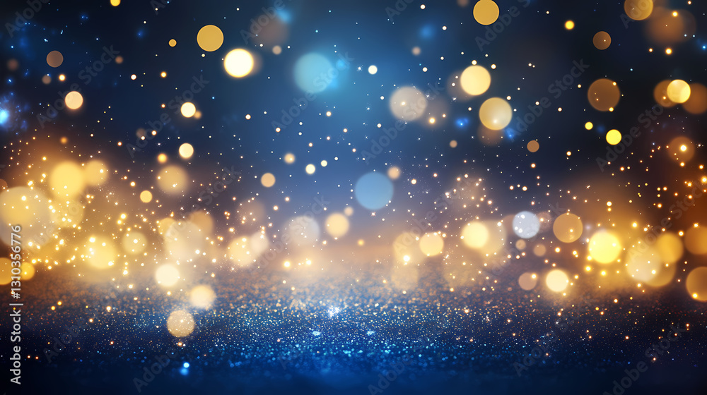 Naklejka premium Glowing particles floating in a dark blue background with golden bokeh lights, cosmic dust theme, abstract magic. Spectral - Ghost. Illustration