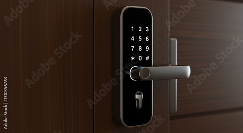 Modern digital door lock on dark wood door