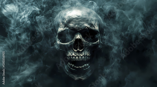 High-angle perspective of a human skull, mouth agape, surrounded by swirling fog and mist, dark and eerie background, detailed illustration with a ghostly ambiance. Spectral - Ghost. Illustration