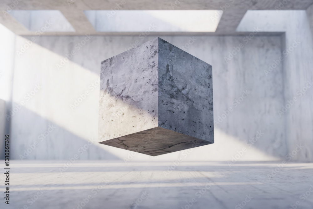 Floating concrete cube in a minimalistic modern architectural space with soft sunlight streaming through Floating concrete cube in a minimalistic modern architectural space with soft sunlight streaming through