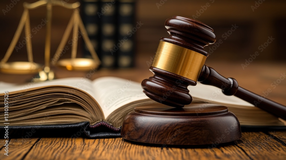 Obraz premium Judge's gavel on open law book, scales of justice