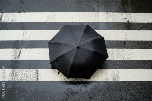 Black umbrella on wet pedestrian crossing, rain, top view