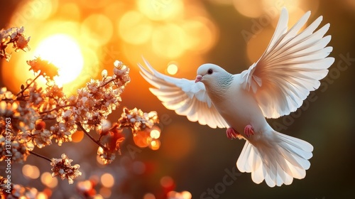 White dove in flight, sunrise over blossoming tree. Peaceful scene for hope and serenity