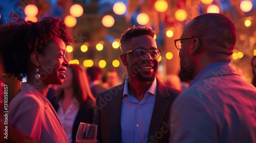 Evening outdoor social gathering with diverse individuals engaging in conversation under string lights