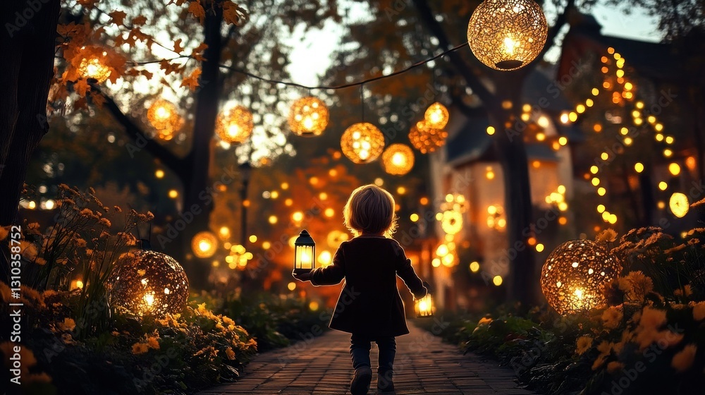 Child walking pathway, autumn evening, lit lanterns, castle backdrop Child walking pathway, autumn evening, lit lanterns, castle backdrop