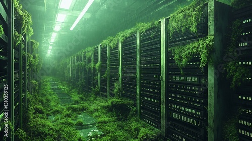 Overgrown server room, nature reclaims tech