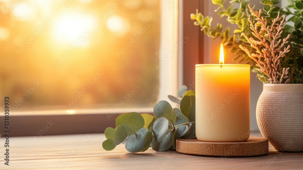 Burning candle on windowsill at sunset, tranquil scene Burning candle on windowsill at sunset, tranquil scene