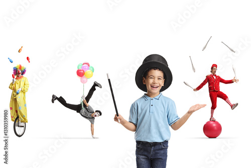 Boy with a magic hat and a group of circus entertainers performing