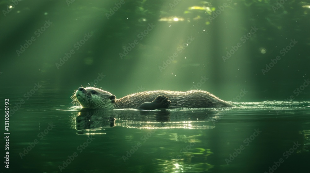Fototapeta premium Otter floating on calm water, sun rays.