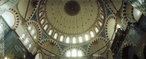 Panoramic view of interiors of a mosque, Rustem Pasha mosque, Istanbul, Turkey.