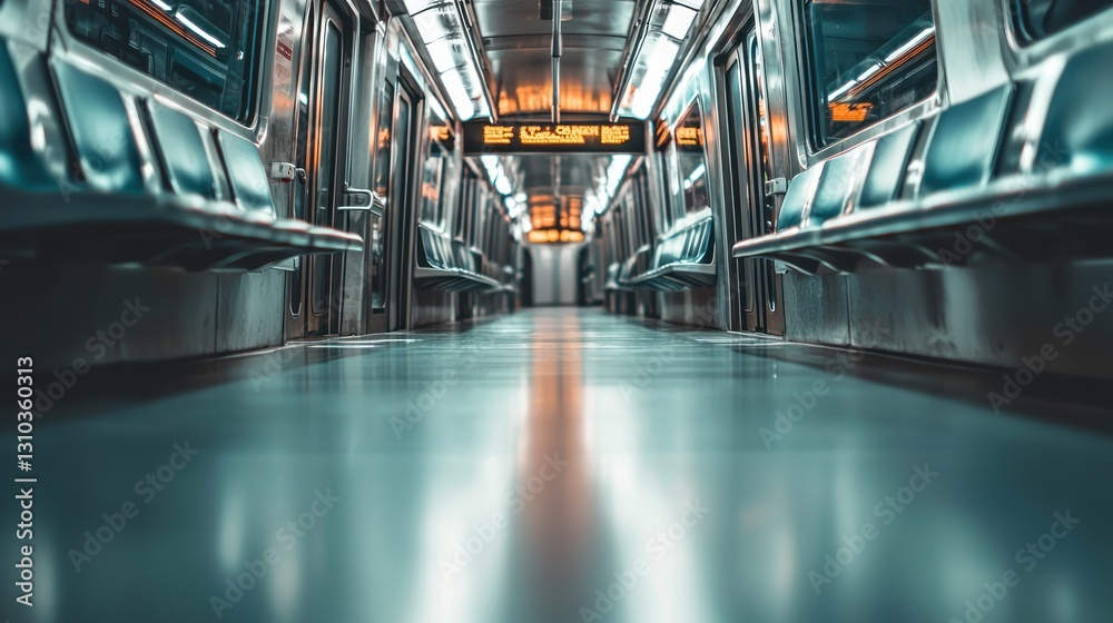 Fototapeta premium Empty subway car interior with seats and shiny floor.