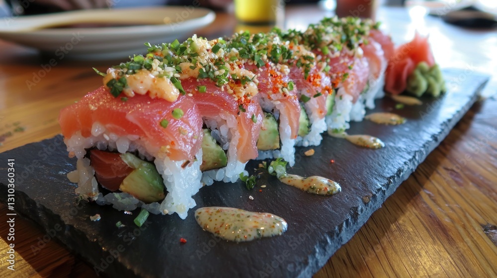 Delicious sushi roll with tuna, salmon, avocado, and spicy mayo on a slate plate. Delicious sushi roll with tuna, salmon, avocado, and spicy mayo on a slate plate.