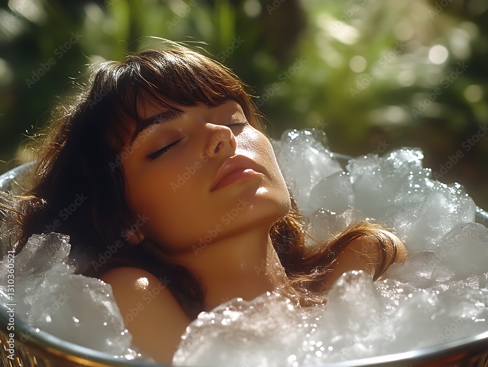 Obraz premium Woman relaxing in ice bath outdoors