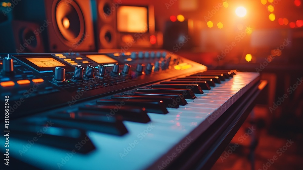 Music Studio Equipment with Synthesizer and Audio Mixers Music Studio Equipment with Synthesizer and Audio Mixers