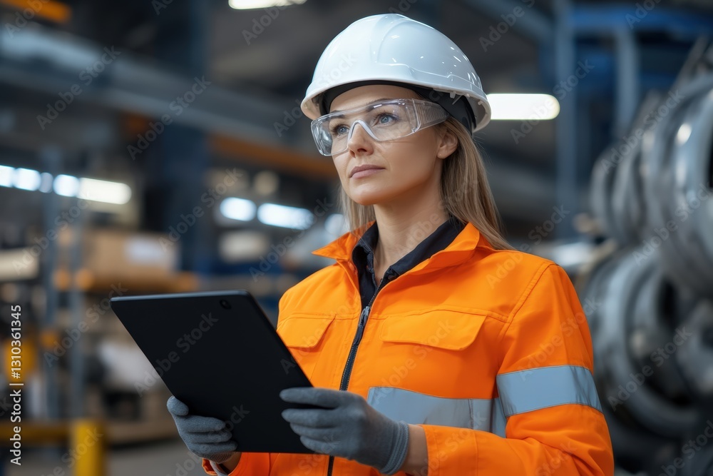 Inspection by woman industrial facility digital media bright environment professional viewpoint safety gear Inspection by woman industrial facility digital media bright environment professional viewpoint safety gear