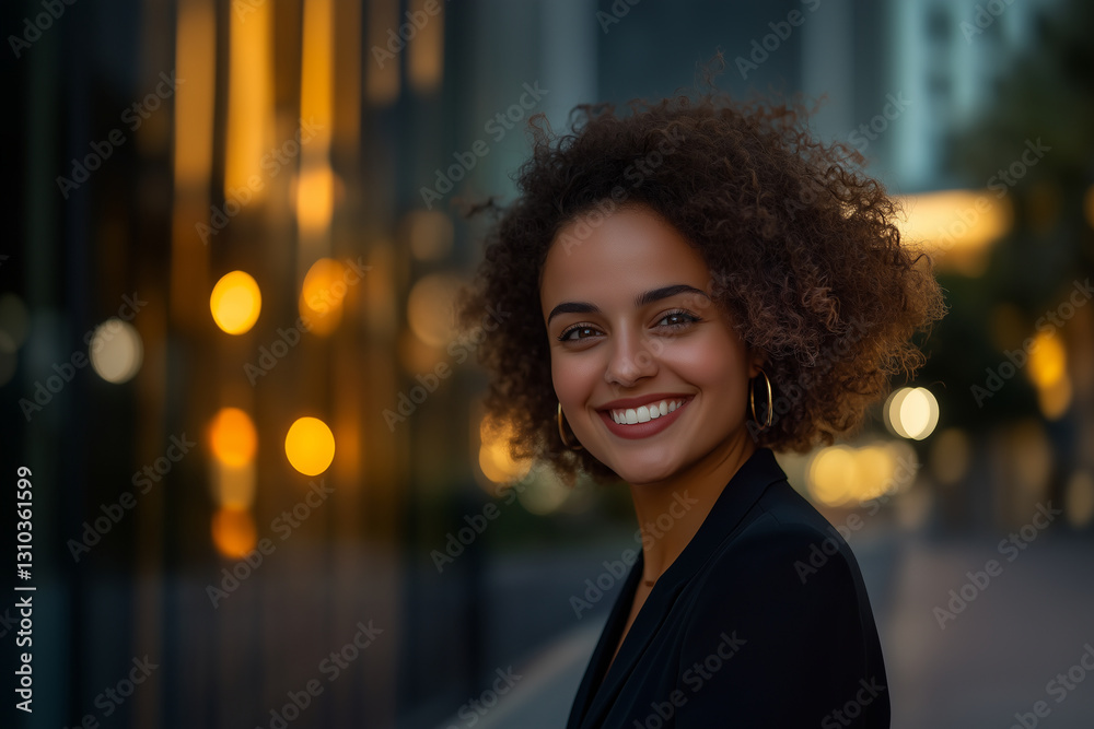 Obraz premium Young smiling business posing confidently, dressed in modern business clothes, against a backdrop of tech city with illuminated office building. Inovation, Startup, Bank, Fintech.