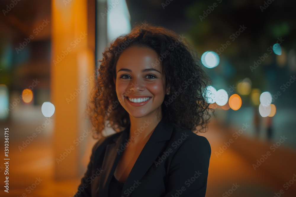 Young smiling business posing confidently, dressed in modern business clothes, against a backdrop of tech city with illuminated office building. Inovation, Startup, Bank, Fintech. Young smiling business posing confidently, dressed in modern business clothes, against a backdrop of tech city with illuminated office building. Inovation, Startup, Bank, Fintech.