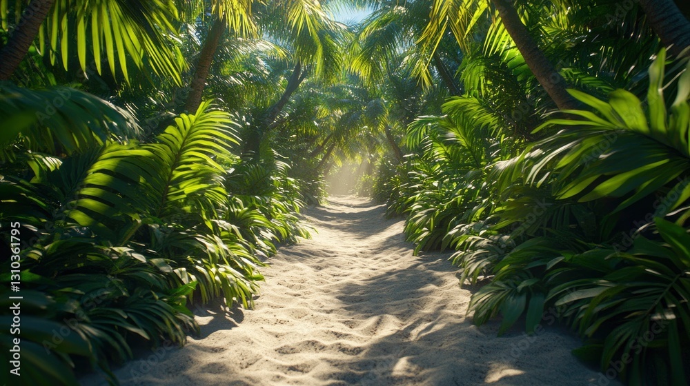 Lush tropical pathway leading to a sunlit beach, surrounded by vibrant green foliage and palm trees Lush tropical pathway leading to a sunlit beach, surrounded by vibrant green foliage and palm trees