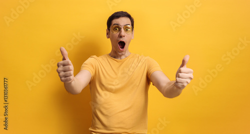 Happy and cheerful young man gesturing thumbs up