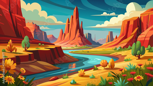 serene desert landscape with towering red rock formations, a winding river, and golden wildflowers growing along the riverbanks.