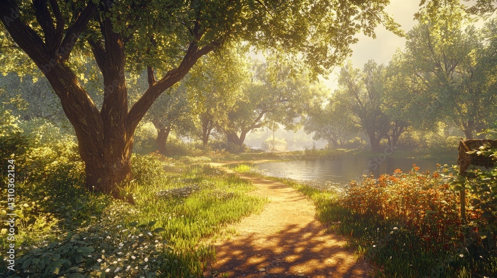 Serene nature path beside a tranquil river, surrounded by lush greenery and vibrant flowers Serene nature path beside a tranquil river, surrounded by lush greenery and vibrant flowers