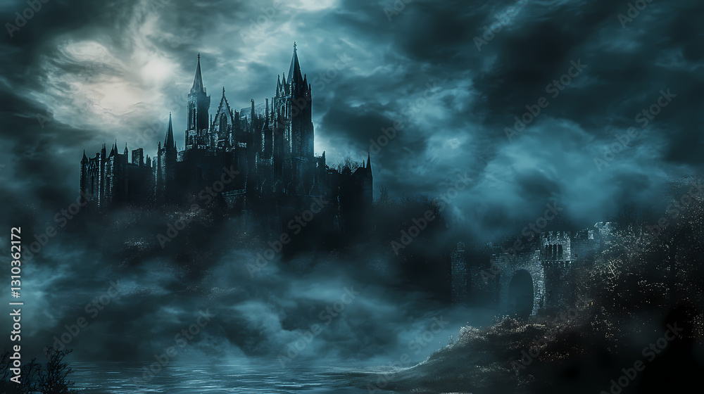 Fototapeta premium Brooding castle echoing with spectral whispers, hyperrealistic photo. Spectral - Ghost. Illustration