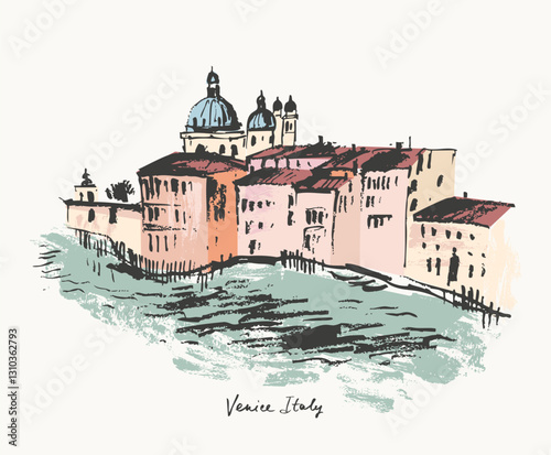 Hand drawn Venice Grand canal architecture panorama urban sketch. Colored black ink landscape line drawing of Italy ancient city.