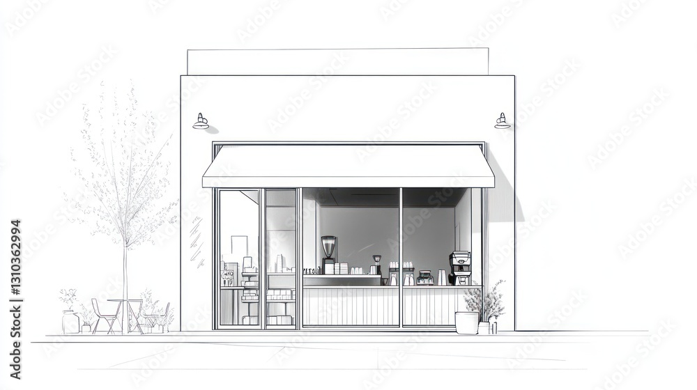 Cafe exterior sketch, street view, simple design, potential for use as a restaurant or cafe Cafe exterior sketch, street view, simple design, potential for use as a restaurant or cafe