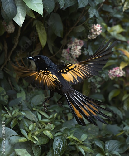 A treepie bird moving through rainforest branches photo