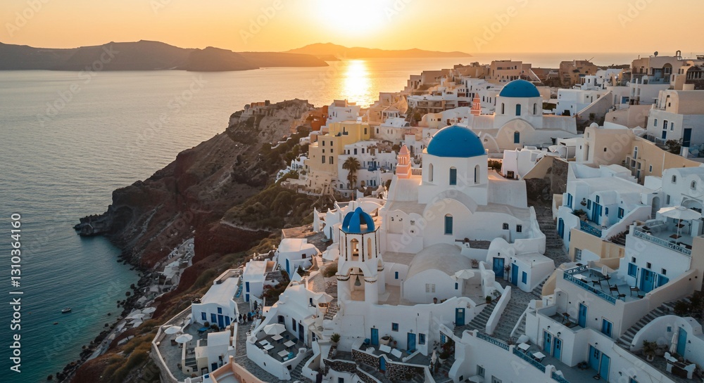 Obraz premium Santorini Sunset Aerial View of Volcanic Island Village