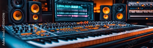 Music Studio Equipment with Synthesizer and Audio Mixers