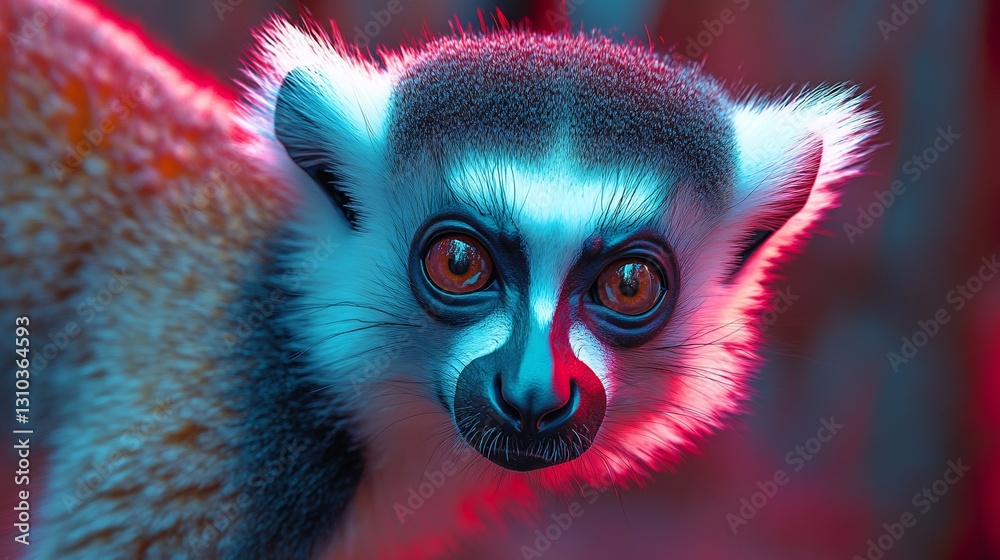 Ring-tailed Lemur Portrait, Neon Lights, Close-up Ring-tailed Lemur Portrait, Neon Lights, Close-up