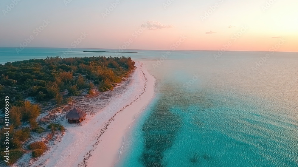 Serene aerial view of a tropical beach at sunset, showcasing soft sands, gentle waves, and lush greenery Serene aerial view of a tropical beach at sunset, showcasing soft sands, gentle waves, and lush greenery
