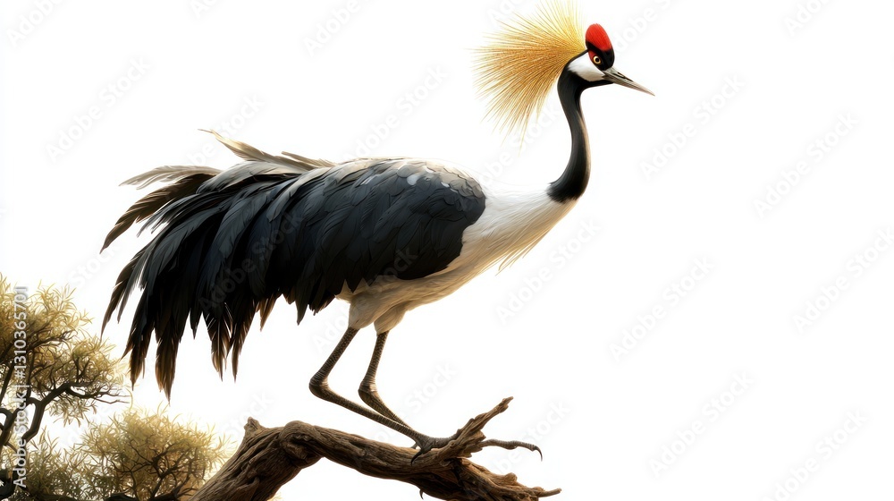 Obraz premium Grey crowned crane perched on a branch, isolated on white background.