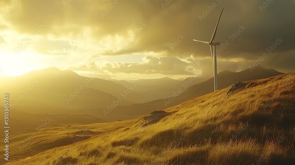 Obraz premium Golden sunset over wind turbine